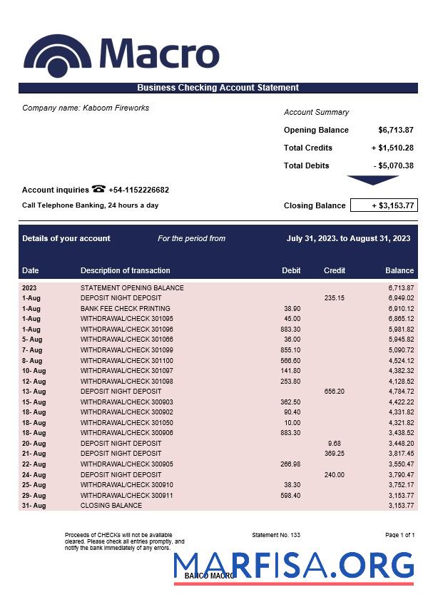 Printable Banco Macro organization checking account statement Word and PDF template